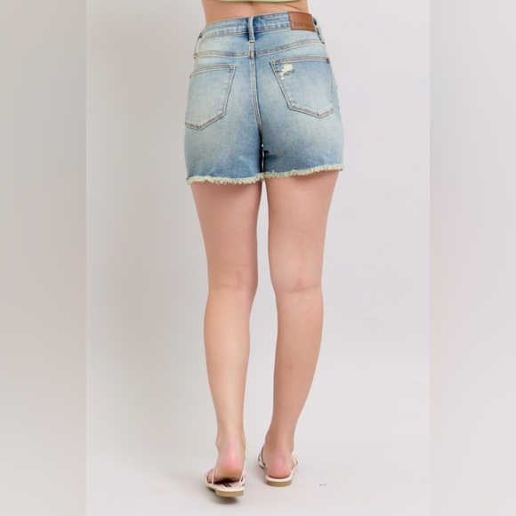 Judy Blue Full Size High Rise Washed Fly Stitch Detail and Destroy Denim Shorts - Picture 9 of 16